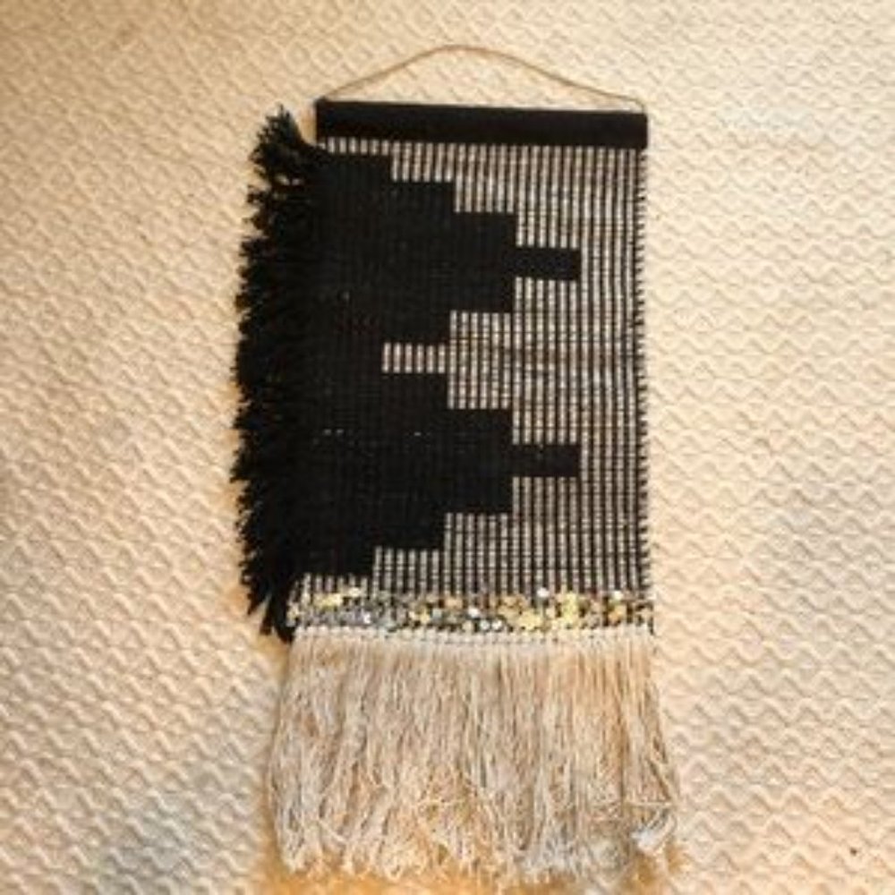 BOHO-Black & Cream Wool & Cotton Aztec Tribal Metallic Woven Wall Hanging Art